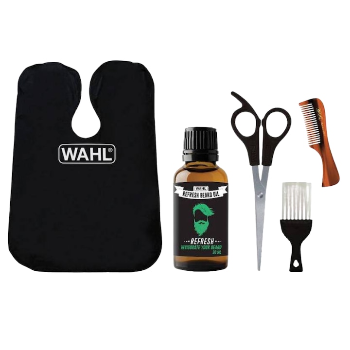 Комплект от 5 продукта за грижа за брада и мустаци, WAHL, масло, ножици, гребен, четка, бръснарски сорт