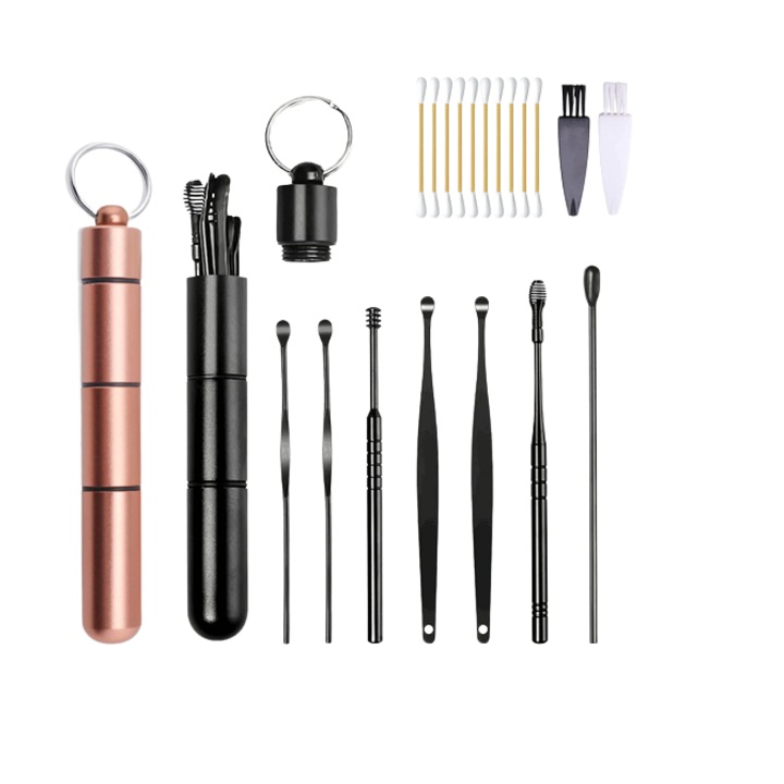 Set de accesorii pentru curatarea urechilor Cmjbuhr, 17 piese, otel inoxidabiil/plastic, negru/rose