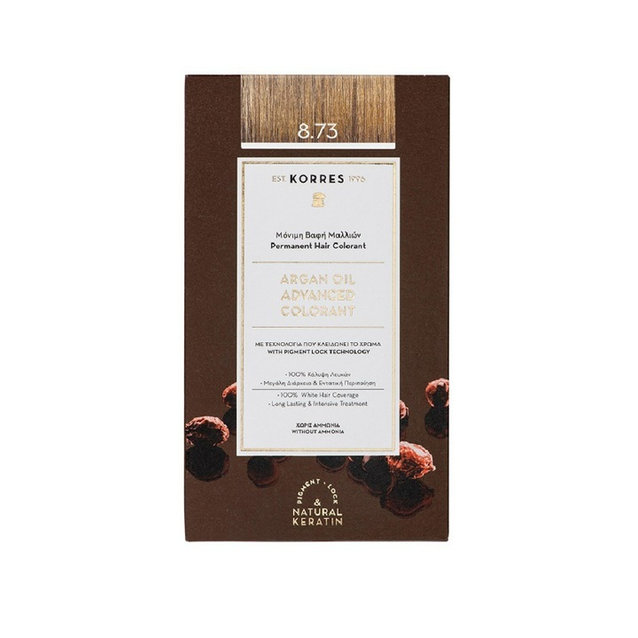 Vopsea de par permanenta Korres, Cu ulei de argan, Fara amoniac, Golden Caramel 8.73, 50 ml