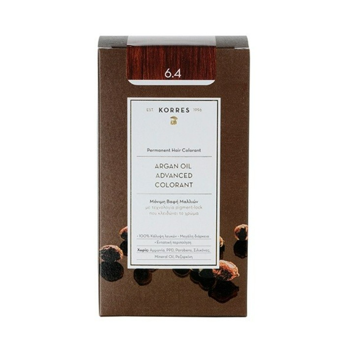 Vopsea de par permanenta, Korres, Ulei de argan, 6.4 Blonde Dark Bronze, 50ml