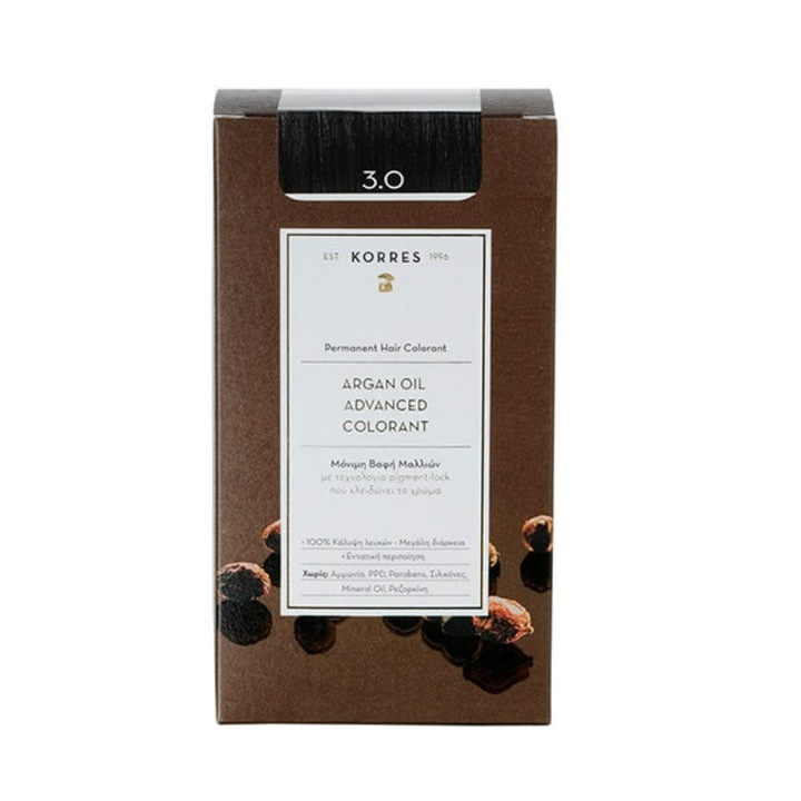 Vopsea de par permanenta, Korres, Ulei de argan, 3.0 Dark Brown, 50ml