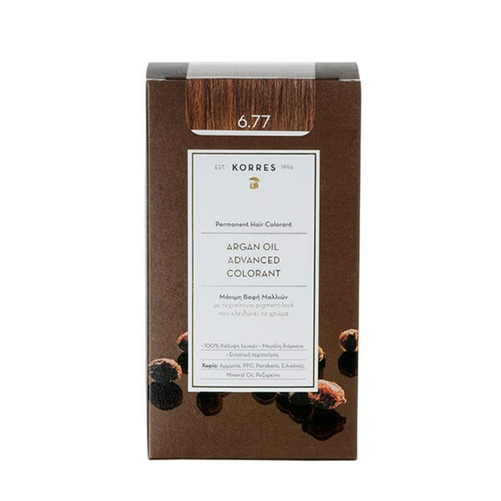 Vopsea de par permanenta, Korres, Ulei de argan, 6.77 Praline, 50ml