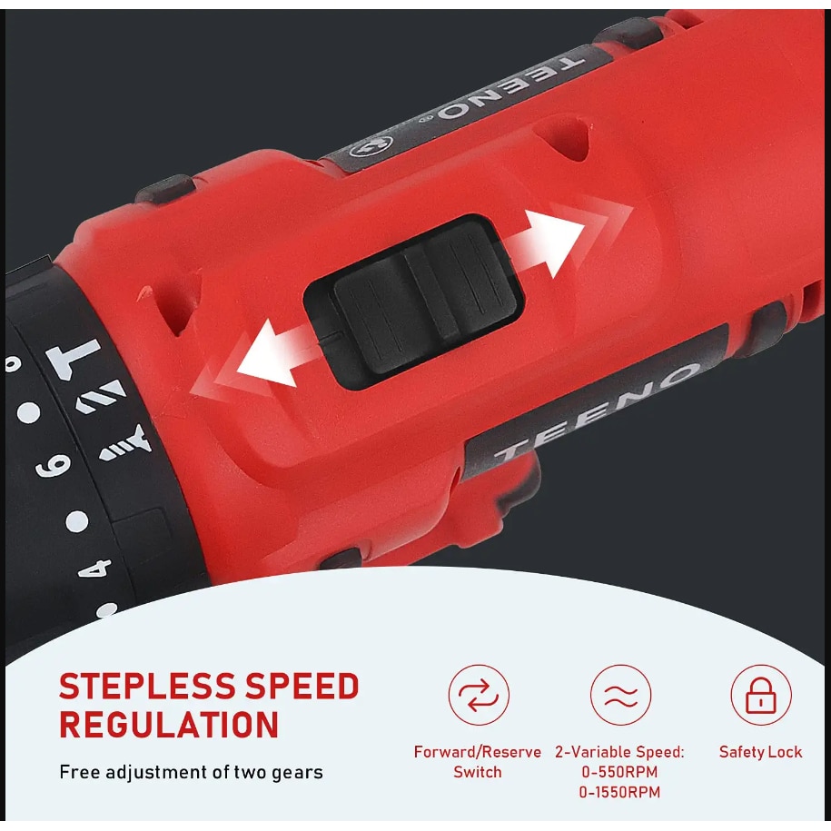 Акумулаторен винтоверт TEENO 21V, 2 батерии, 2 скорости, + 42 аксесоара ...