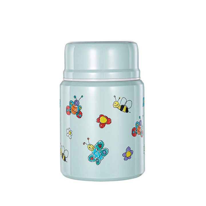 Termos alimentar 450 ml, din otel inoxidabil dublu izolat, fara BPA si cu lingura, verde deschis