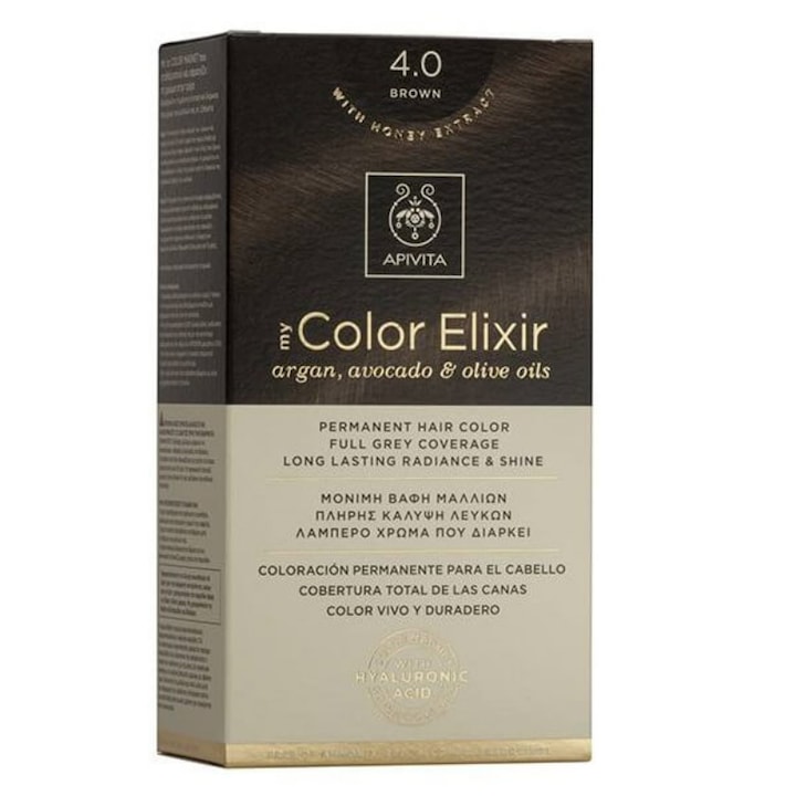 Vopsea de par permanenta cu emulsie activatoare si crema de par Apivita, My Color Elixir, Maro natural 4.0, 2 x 15 ml, 50 ml, 75 ml