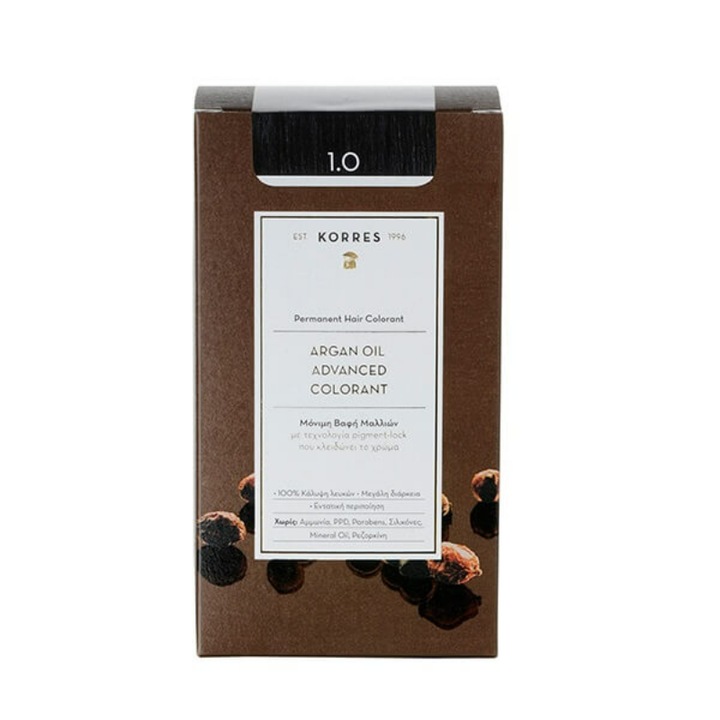 Vopsea de par permanenta Korres, Cu ulei de argan, Fara amoniac, Negru 1.0, 50 ml