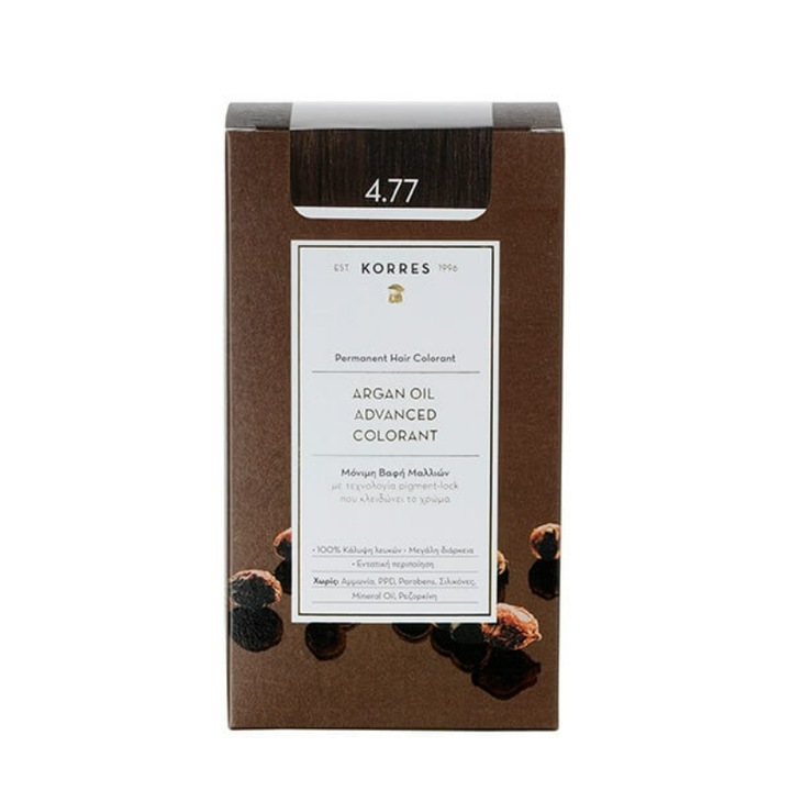 Vopsea de par permanenta, Korres, Ulei de argan, 4.77 Dark Chocolate, 50ml