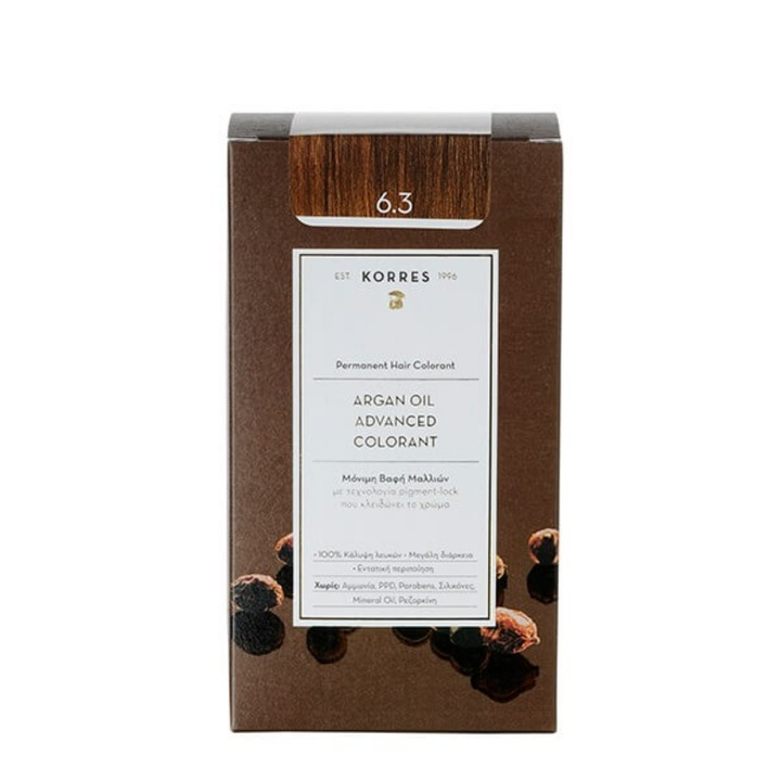 Vopsea de par permanenta, Korres, Ulei de argan, 6.3 Blonde Dark Gold, 50ml