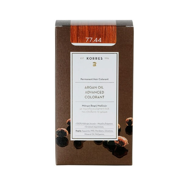 Vopsea de par permanenta, Korres, Ulei de argan, 77.44 Intense Copper Blonde, 50ml