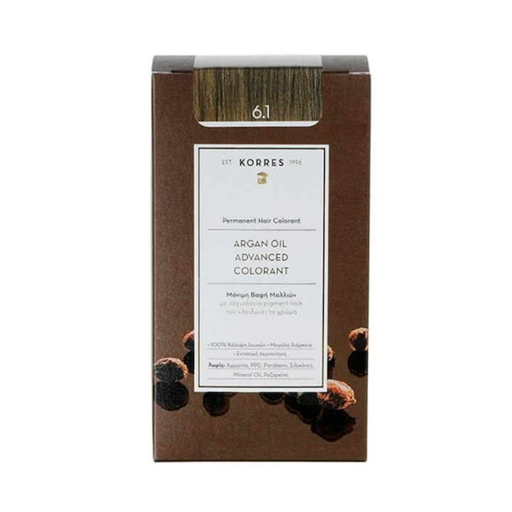 Vopsea de par permanenta, Korres, Ulei de argan, 6.1 Blonde Dark Sandre, 50ml