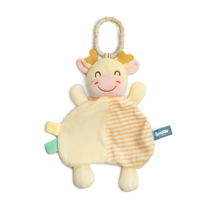 Jucarie pentru carucior, Sensillo, Mini zoo, Poliester, Model vacuta, 0 luni+, Galben