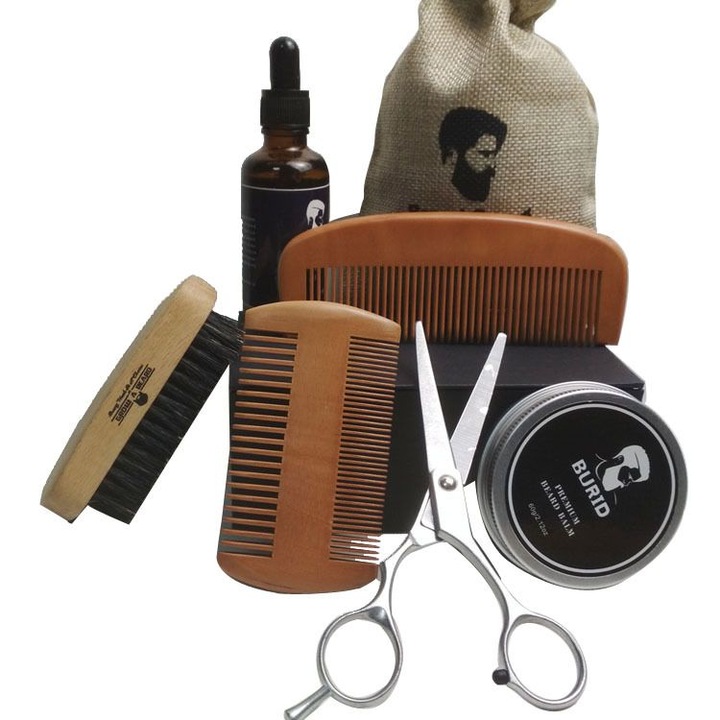 Комплект от 6 бр. за грижа за брадата, Aliver, 1 x Четка за коса, 1 x Дървен гребен, 1 x Ножица, Черен