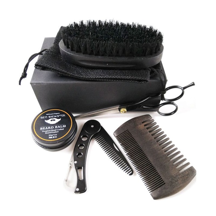 Професионален комплект за грижа за брадата Aliver, Четка за коса/гребен/бръснач/ножица, Черен