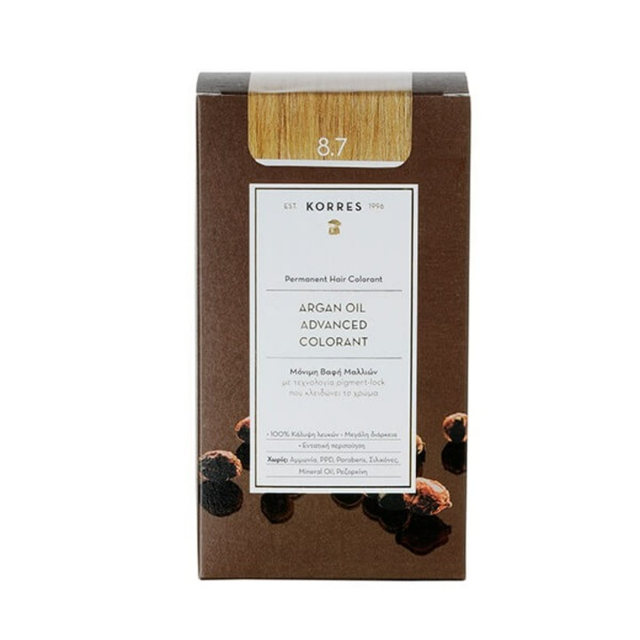 Vopsea de par permanenta, Korres, Ulei de argan, 8.7 Caramel, 50ml