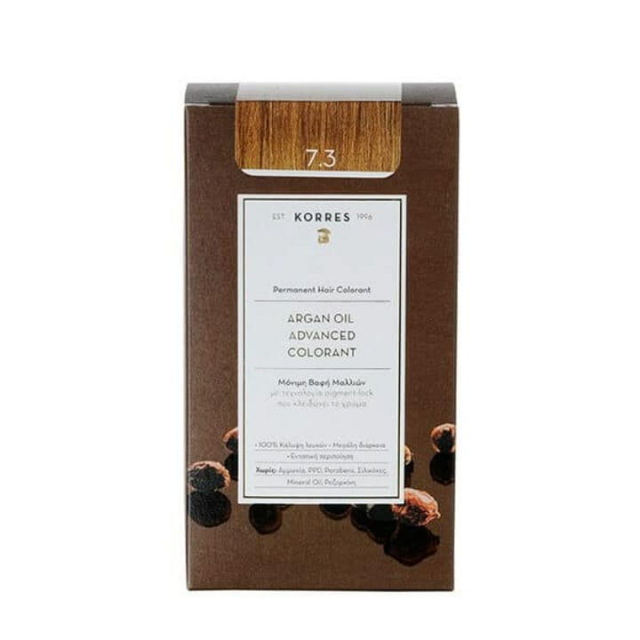 Vopsea de par permanenta, Korres, Ulei de argan, 7.3 Blonde Gold/Honey, 50ml