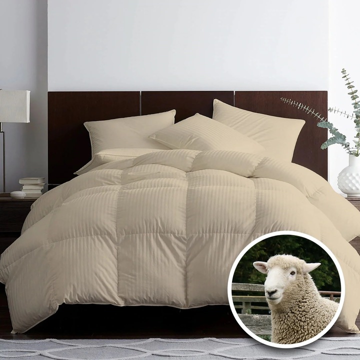 Szteppelt gyapjú téli paplan, Damaszt 100% természetes, cappuccino, 180cm x 210cm