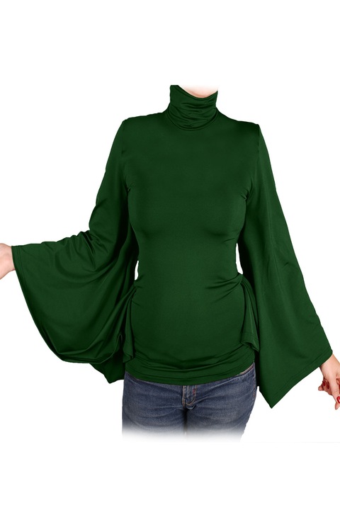 Дамска блуза Ivanel Кулийс с широки ръкави като криле и поло, Дълъг ръкав, Тъмнозелен