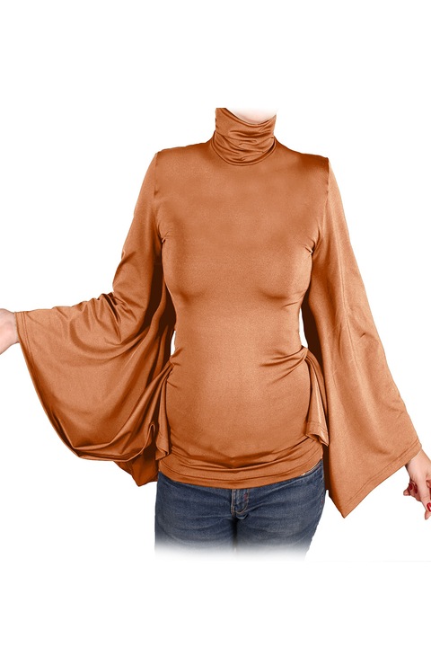 Дамска блуза Ivanel Кулийс с широки ръкави като криле и поло, Дълъг ръкав, Светлокафяв