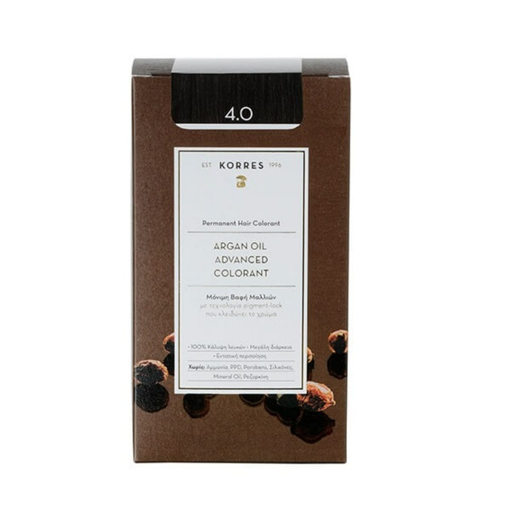 Vopsea de par permanenta, Korres, Ulei de argan, 4.0 Brown, 50ml