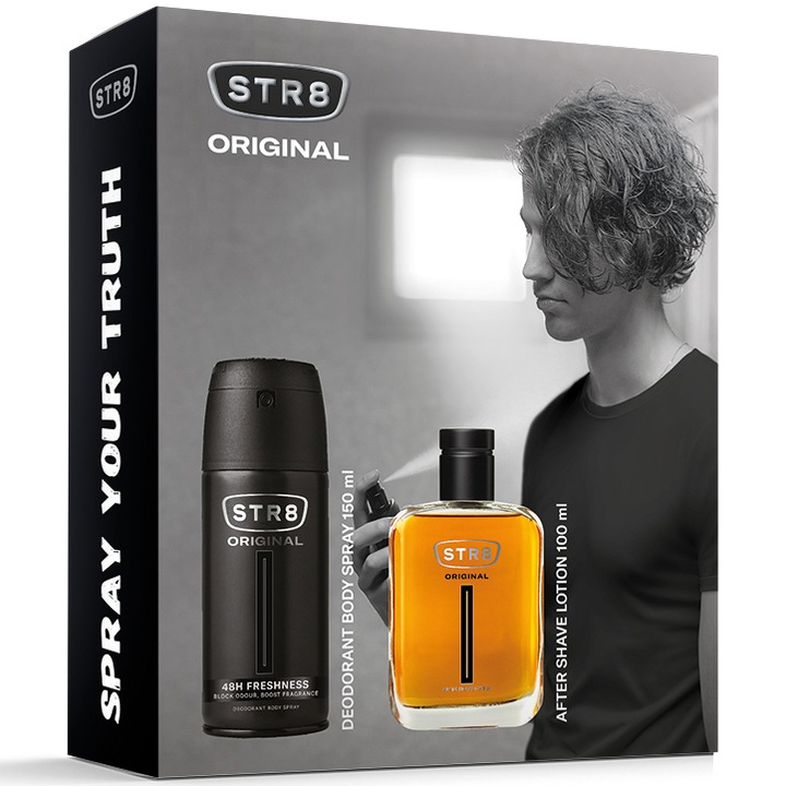 Set cadou STR8 Original, Barbati: Lotiune dupa barbierit, 100 ml + Deodorant spray pentru corp, 150 ml
