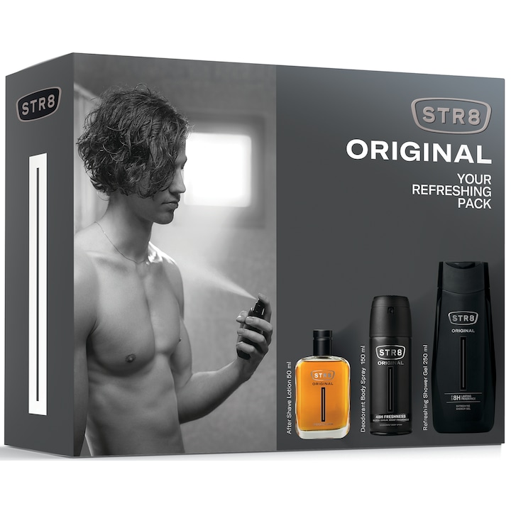 Set cadou STR8 Original, Barbati: Loțiune după bărbierit, 50 ml + Deodorant spray pentru corp 150ml + Gel de duș 250ml.