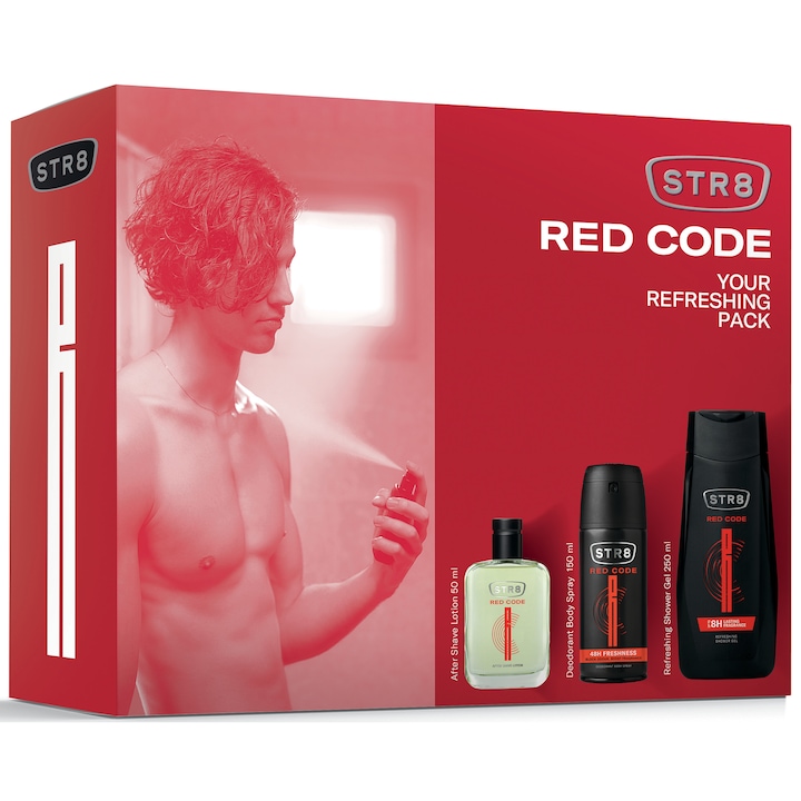 Set cadou STR8 Red Code, Barbati: Loțiune după bărbierit, 50 ml + Deodorant spray pentru corp 150ml + Gel de duș 250ml.