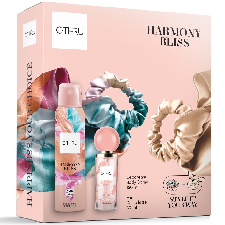 Set cadou C-THRU Harmony Bliss, Femei: Apa de toaleta, 30 ml + Deodorant spray pentru corp, 150 ml + Elastice de par cadou
