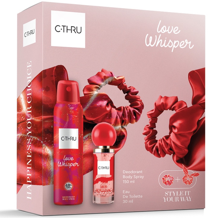 Set cadou C-THRU Love Whisper, Femei: Apa de toaleta, 30 ml + Deodorant spray pentru corp, 150 ml + Elastice de par cadou