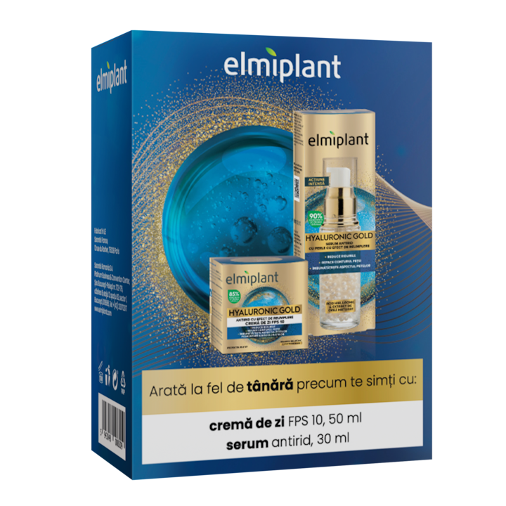 Комплект Elmiplant: Дневен крем Hyaluronic Gold, 50 мл + Серум за лице Hyaluronic Gold, 30 мл