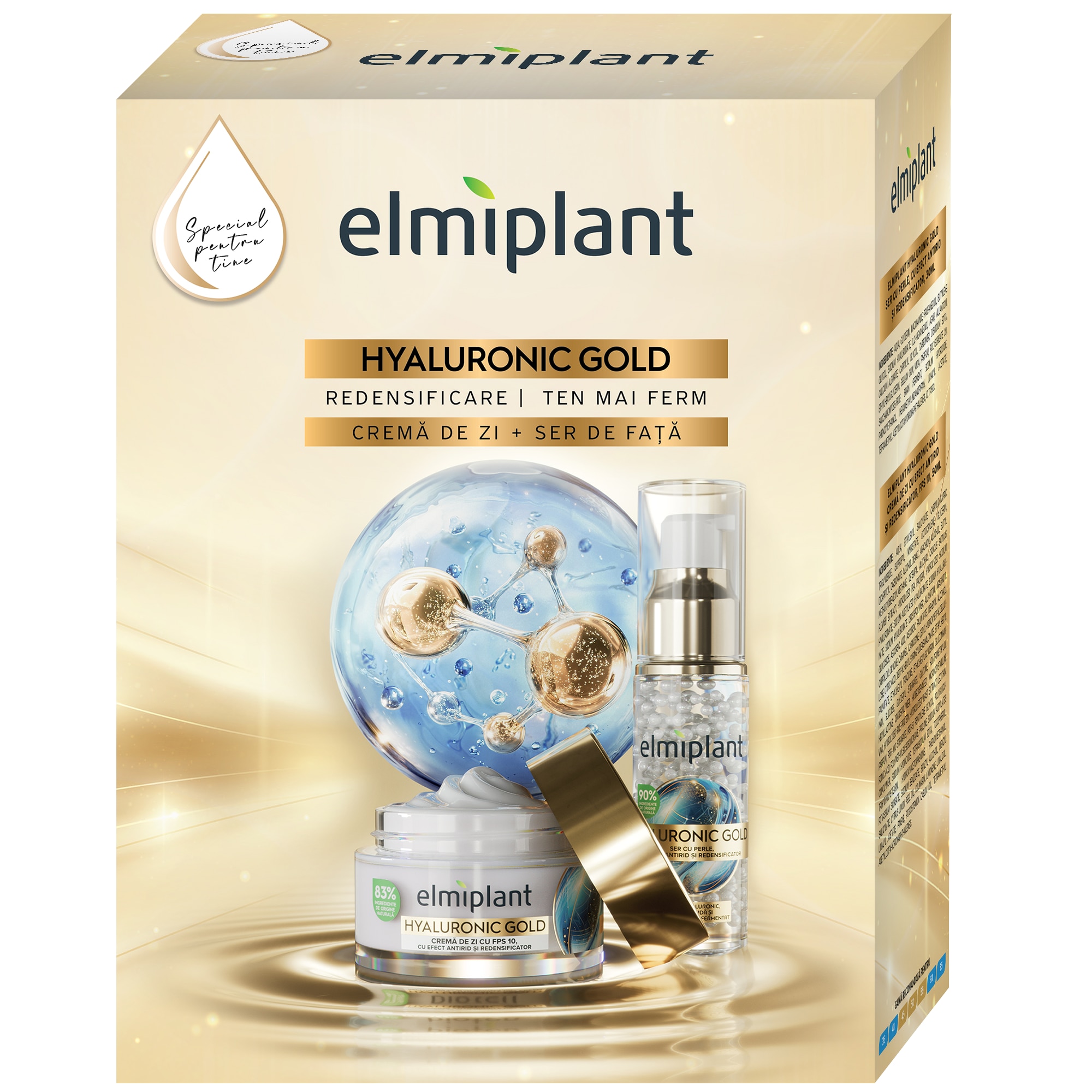 Set cadou Elmiplant Hyaluronic Gold: Crema de zi, 50 ml + Serum pentru fata, 30 ml