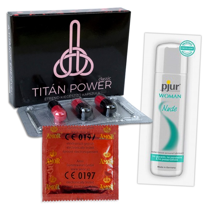 Titán Power Potencianövelő 3 kapszula + Óvszer Natúr- AMOR – 1db + Pjur Woman Nude Vízbázisú síkosító 2ml