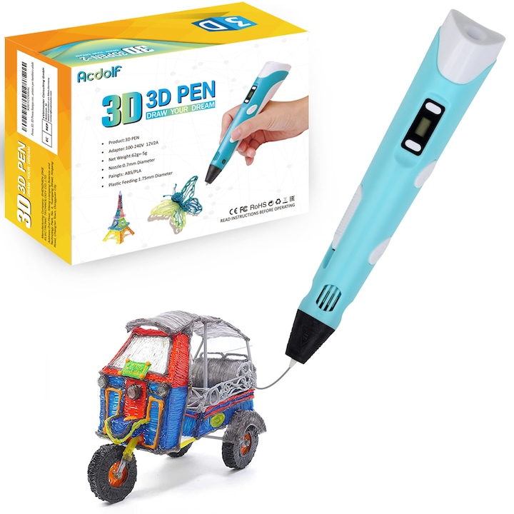3D писалка Acdolf, 1,75 mm, С цифров дисплей, 160-230 C, Съвместим с ABS/PLA, Син
