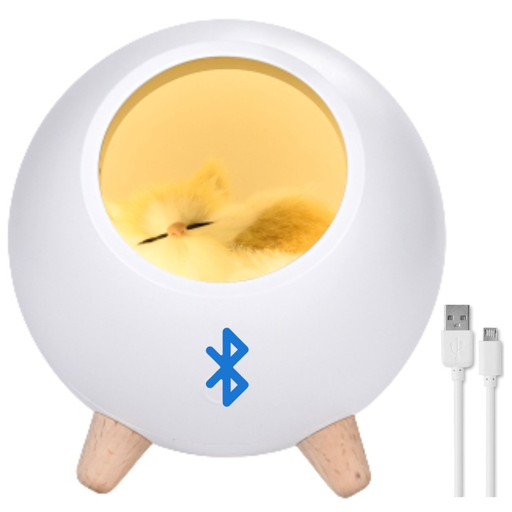 Lampa de veghe pentru copii cu boxa bluetooth, portabila, LED, Ideas4Comfort, reincarcabila USB, Casuta Pisicii, alb