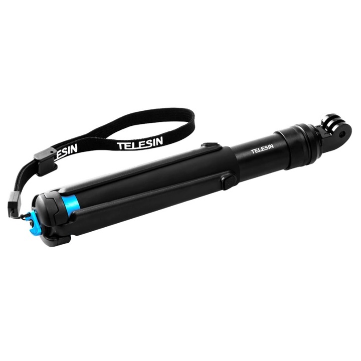 Selfie stick cu trepied si suport telefon Telesin pentru camere video sport, aluminiu, pivotant, 90cm, Negru