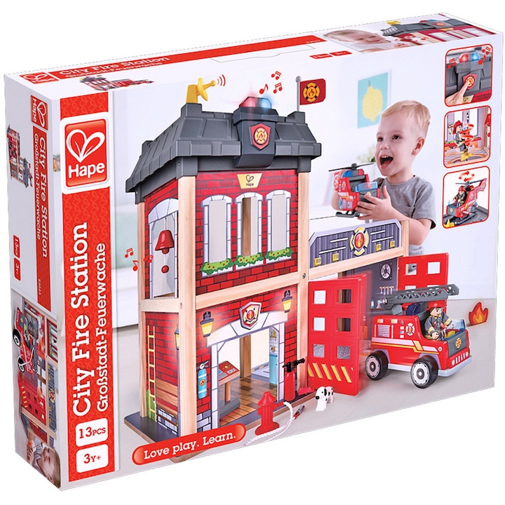 Комплект за игра Hape - Пожарна станция, Дървен