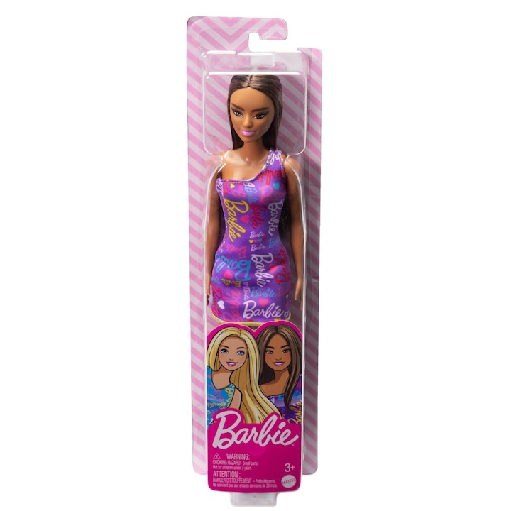 Papusa Barbie, cu rochita mov, satena