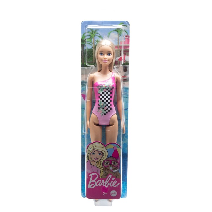 Papusa Barbie - O zi la plaja, costum de baie roz