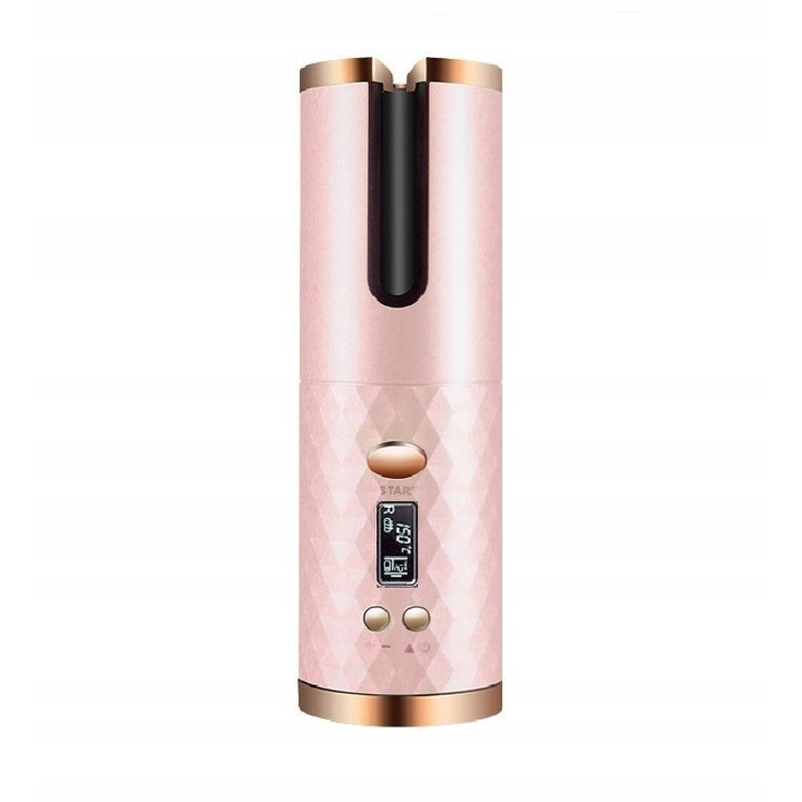 Ondulator ceramic de par, automat, fara fir, portabil, cu temperatura reglabila 150-200 grade, timer activ, cu acumulator, LCD, Onshop, Auriu