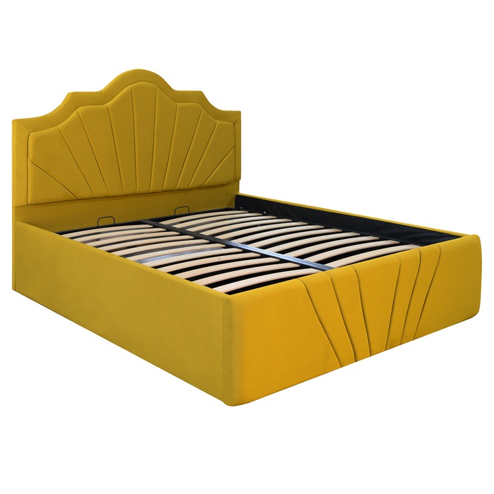 Pat dublu tapitat model Colorado 180/200 cm culoare galben mustar cu somiera metalica rabatabila si spatiu de depozitare