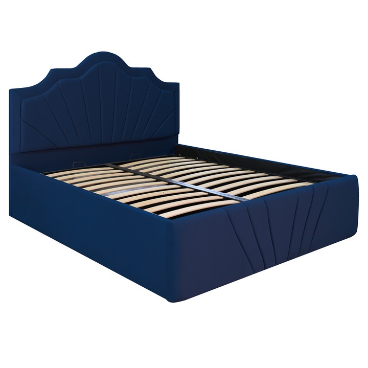 Pat dublu tapitat model Colorado 180/200 cm culoare albastru cu somiera metalica rabatabila si spatiu de depozitare
