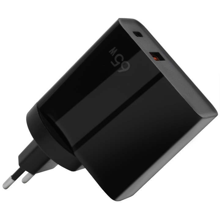 Incarcator LUMAUDiO® Flash 65W, incarcator iPhone, Samsung, Huawei, Fast Charge, USB C si USB A, Negru