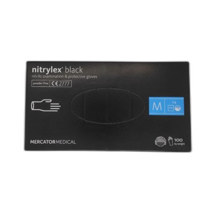 Nitrylex kesztyű, Nitril, Hintőpor mentes, M-es méret, 100 darab (50 pár), Fekete