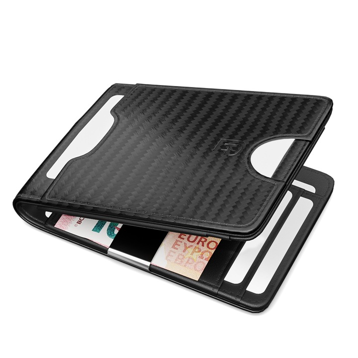 James Hawk Slim Smart Valódi bőr férfi pénztárca, rozsdamentes acél klipsz, 11x8x1,5 cm, Szénfekete