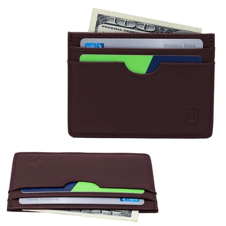 Portofel Pentru Barbati, James Hawk, 10.5 x 7.5 x 0.2 cm, Piele naturala, Uni, Fara inchidere, Protectie RFID, Elegant, Slot Pentru Carte de Credit, Universal, Maro