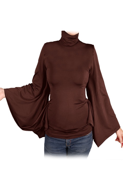 Дамска блуза Ivanel Кулийс с широки ръкави като криле и поло, Дълъг ръкав, Тъмнокафяв