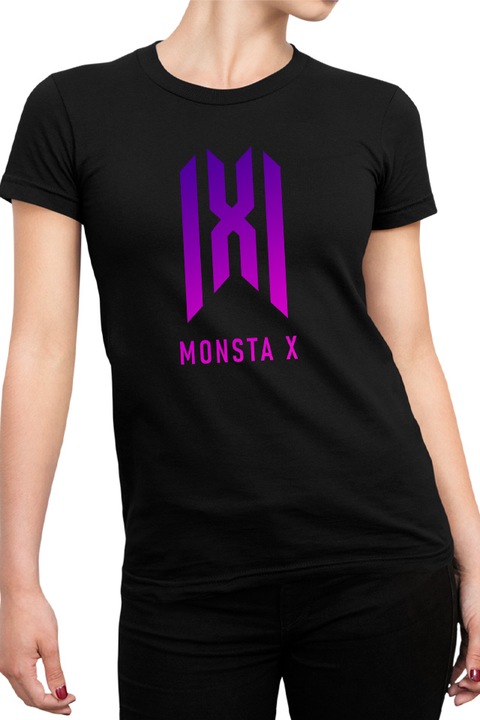 Tricou dama Monsta X Logo Merch K-Pop Album New Come Back, negru, marime S