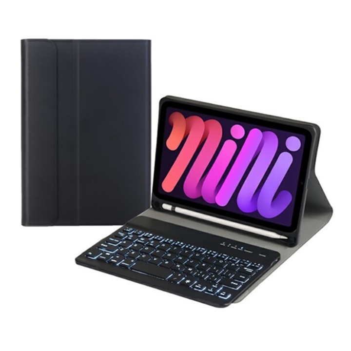 Gigapack tabletvédő álló, bőr hatású, flip, bluetooth billentyűzet, qwerty, angol nyelvű, ceruza tartó, fekete, kompatibilis: Apple IPAD mini 6, 2021