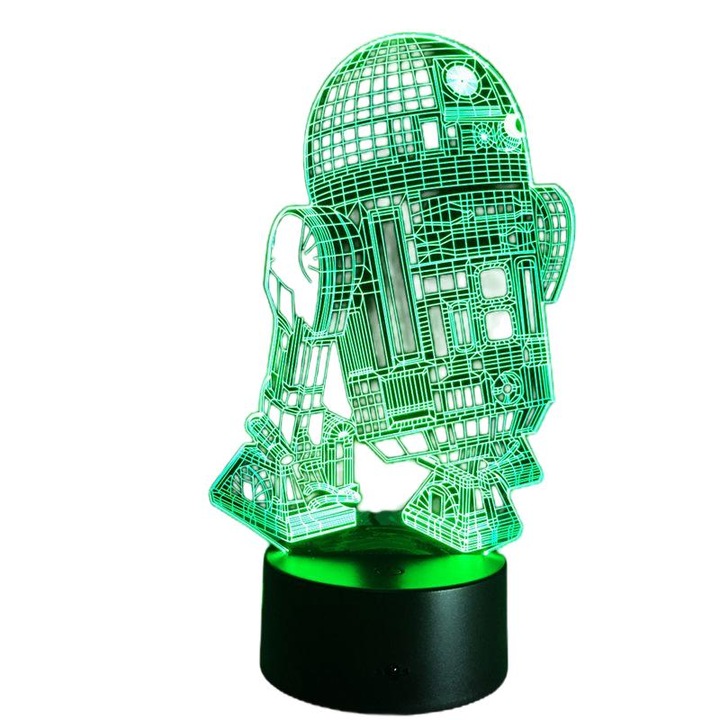 Нощна лампа 3D, Star Wars R2D2, LED, Дистанционно управление, Черна