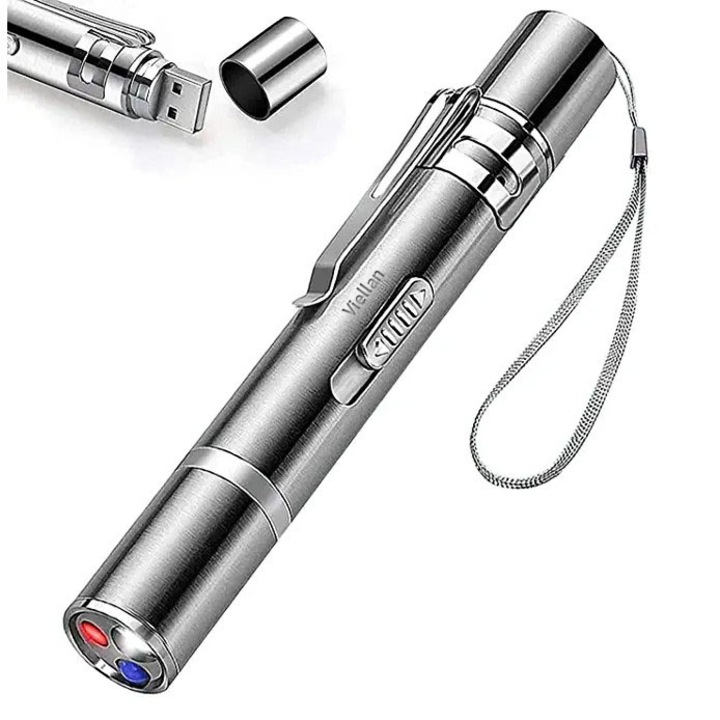 Pointer laser pentru pisici 3 in 1, Jucarie pisici, Inox, Reglabil, USB, Indicator LED, UV, Argintiu