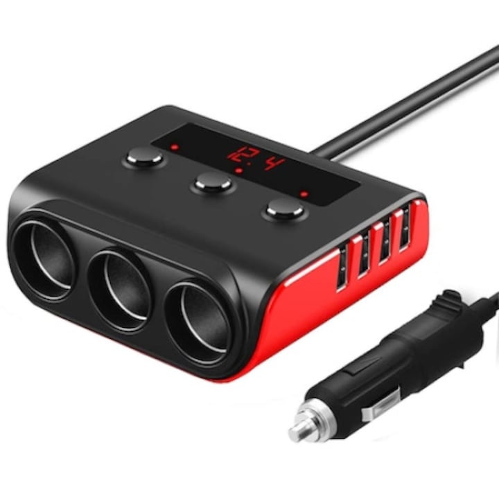 Adaptor priza auto multisocket 100W 3x soclu auto, 4 x USB 3.6A, afisaj display voltaj, cu siguranta, cablu 58cm, ABS, Negru/Rosu